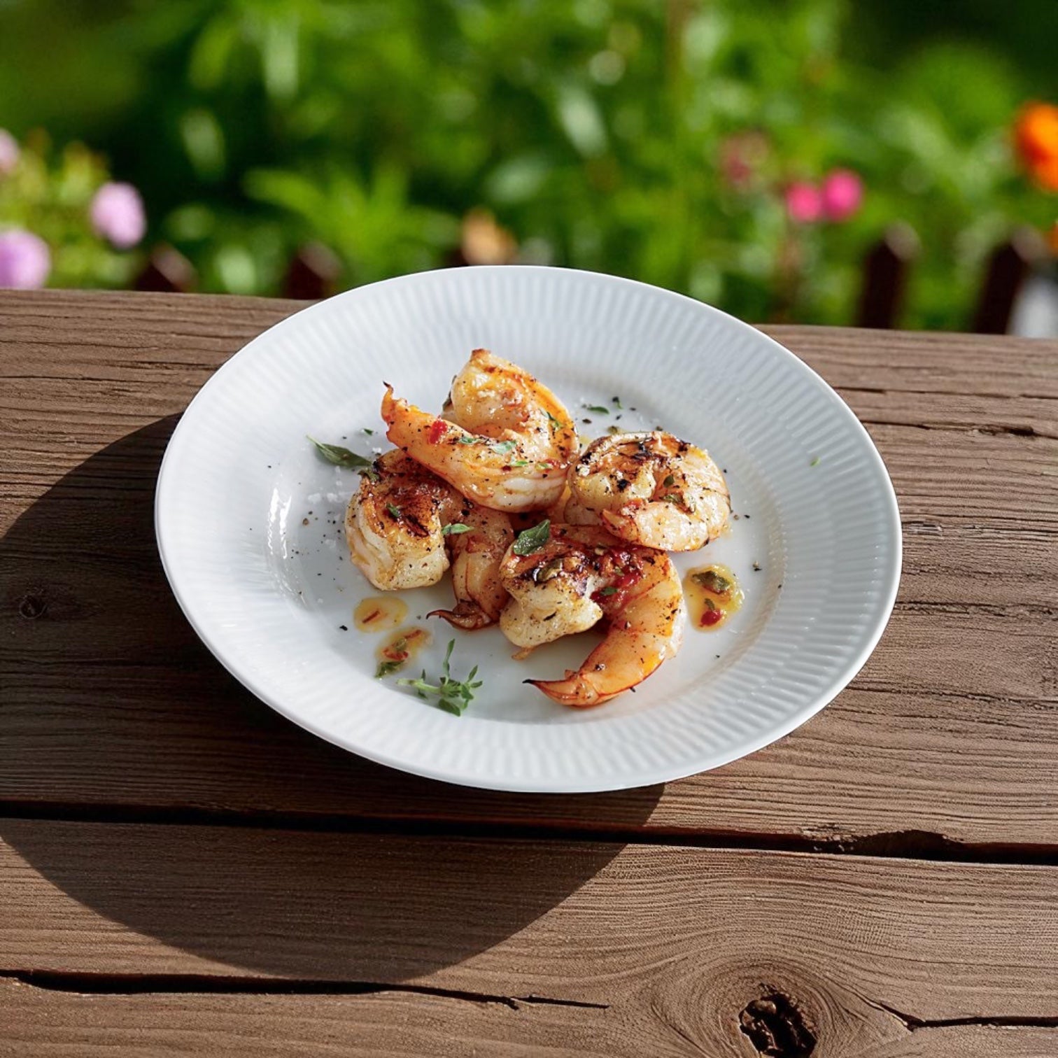 A white plate with Via Farms VIA Farm-Raised Raw Shrimp, Tail-Off, Peeled, Deveined (41-50 ct, 2 lbs) garnished with herbs sits on a wooden table outdoors with blurred greenery and flowers in the background.