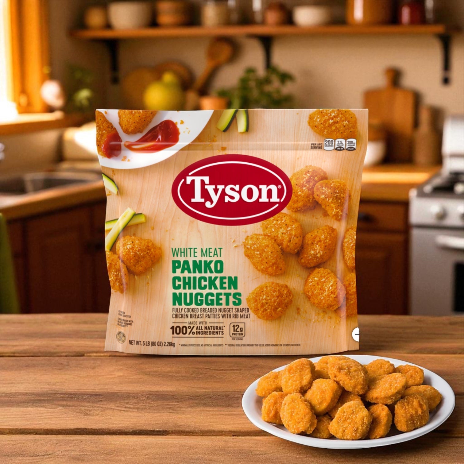 A 5 lb bag of Tyson Panko Chicken Nuggets sits on a kitchen counter with a plate of nuggets in front, kitchen shelves and utensils visible in the background.