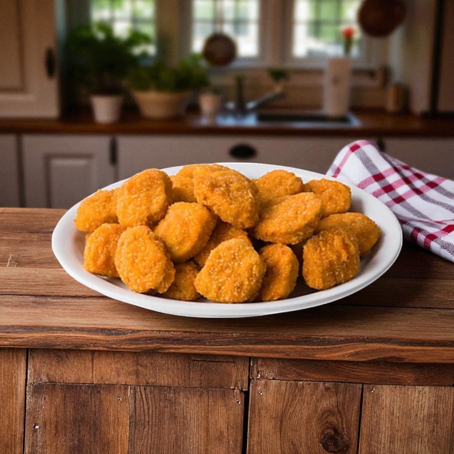 A white plate filled with Tyson Panko Chicken Nuggets, 5 lbs, from Tyson sits on a wooden counter in a kitchen setting with a checkered towel nearby.