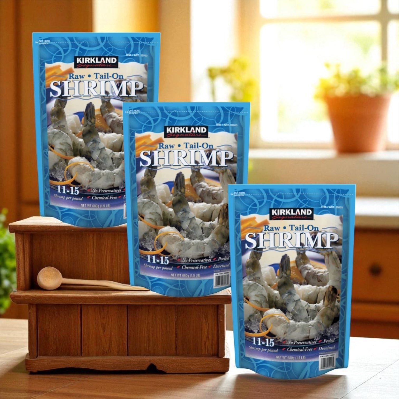 Three bags of Kirkland Signature Raw Shrimp, 1.5 lb 3 Count, are displayed upright on a wooden surface next to a wooden mallet set, with a softly blurred background.