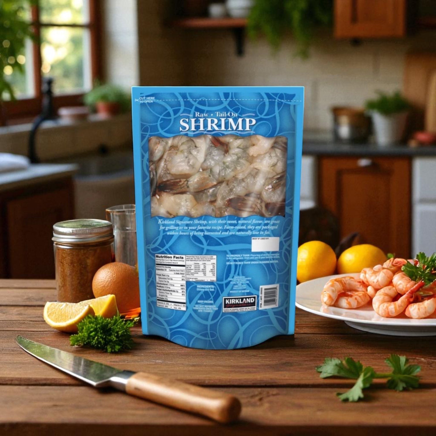 A bag of Kirkland Signature Raw Shrimp, 1.5 lb, sits on a kitchen counter with parsley, lemons, and seasonings nearby—perfect for creating delicious meals with these farm-raised and individually quick frozen shrimp.