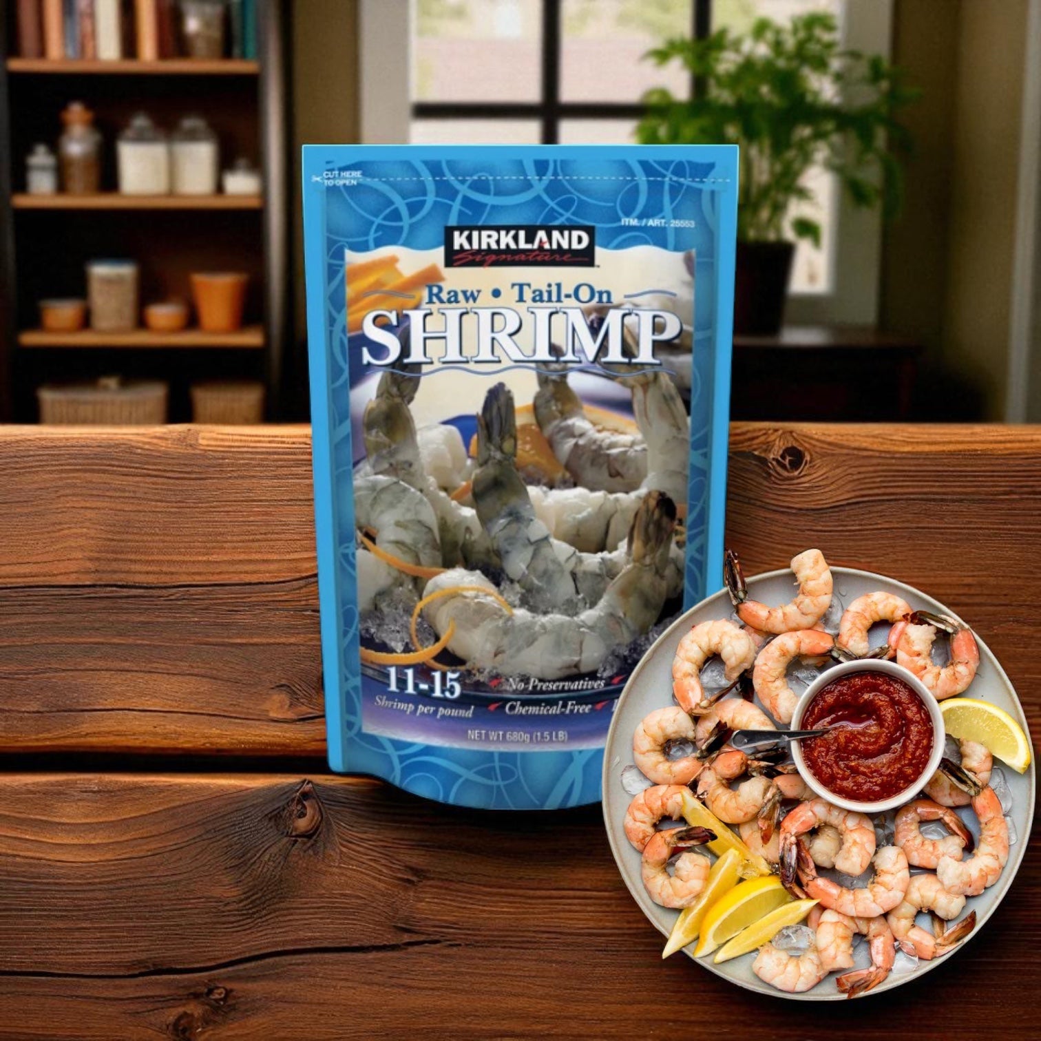 A bag of Kirkland Signature Raw Shrimp, 1.5 lb, is shown beside a plate of cooked shrimp served with lemon wedges and cocktail sauce on a wooden table.