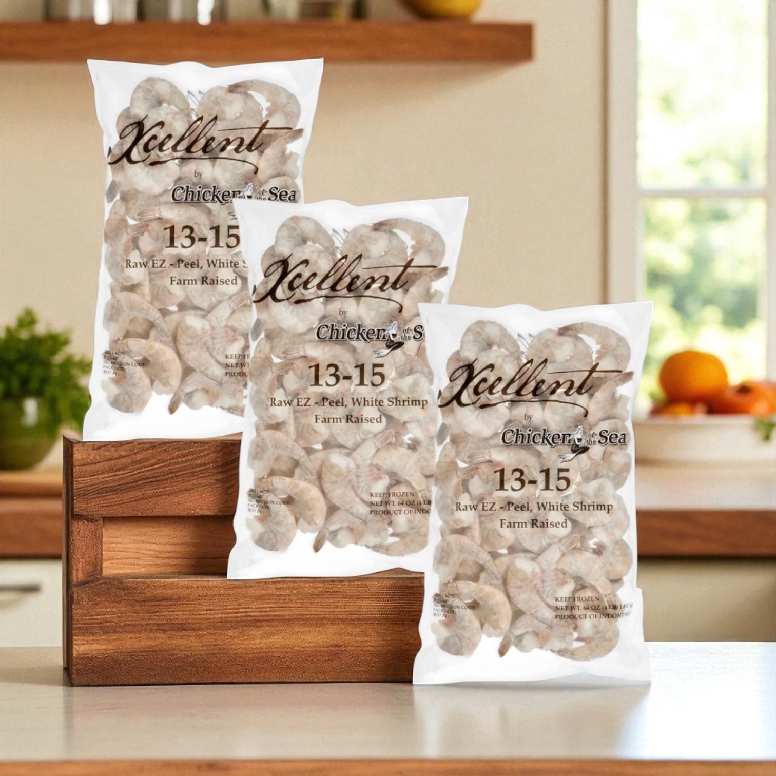 Three bags of Kirkland Signature Farmed U-15 White Shrimp, 4 lbs each, are displayed on a wooden shelf in a kitchen setting.