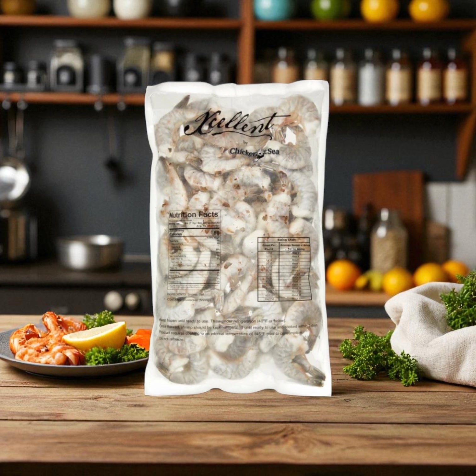 A sealed bag of Kirkland Signature Farmed U-15 White Shrimp, 4 lbs, sits on a kitchen counter with fresh herbs, lemon, and shrimp; shelves with jars and bowls are visible in the background.