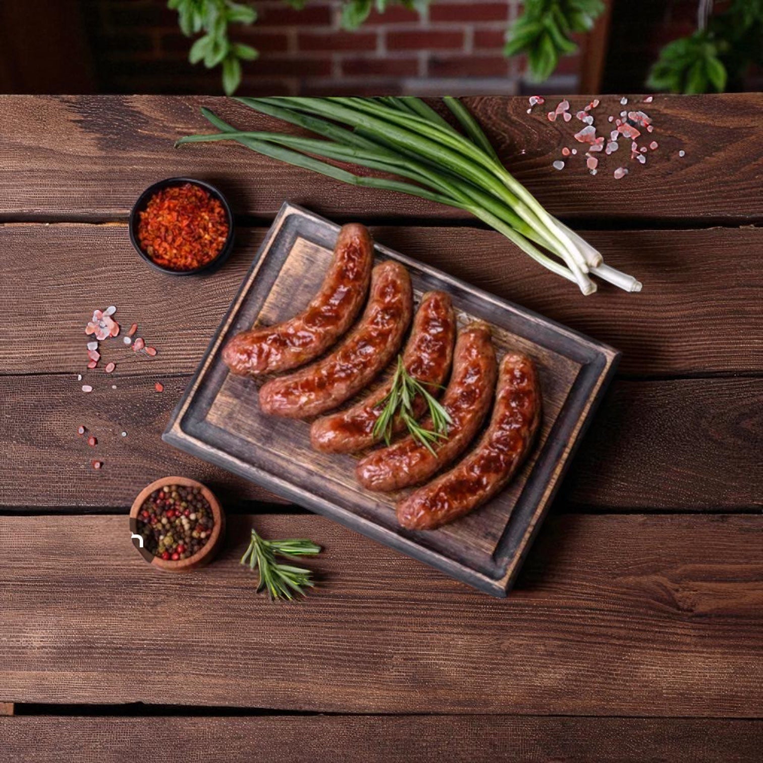 Four Vienna Salzburg Cooked Bratwurst sausages from Vienna Beef are arranged on a wooden tray with rosemary, spices, green onions, and salt—a savory spread that's sure to delight.