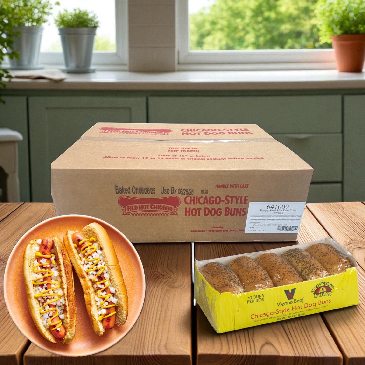 A box of Vienna Beef Poppy Seed Hot Dog Buns 10 Count - 12 Pack and a plate with two loaded hot dogs are displayed on a kitchen counter.