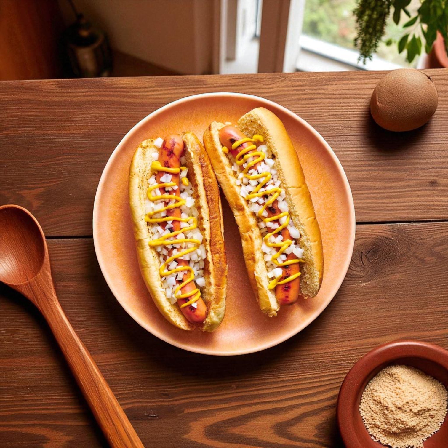 Two hot dogs with chopped onions, mustard, and relish are served on Vienna Beef Poppy Seed Hot Dog Buns 10 Count - 12 Pack by Vienna Beef, placed on a plate set on a wooden table next to a wooden spoon and bowl of breadcrumbs.