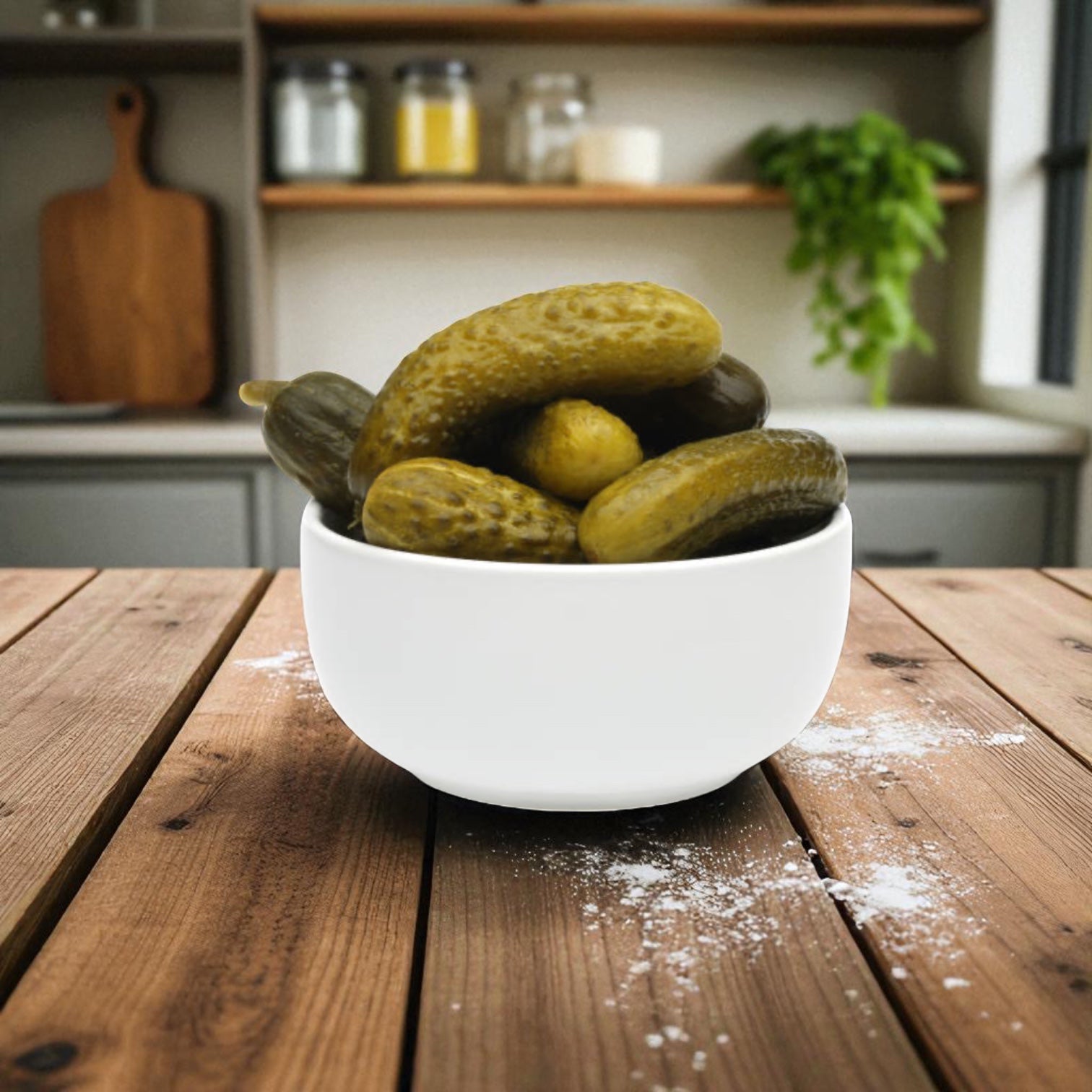 A white bowl filled with Vienna Beef Chipico Kosher Wholes pickles from a 2-gallon container sits on a wooden table in a kitchen, with shelves, jars, and a plant visible in the background.
