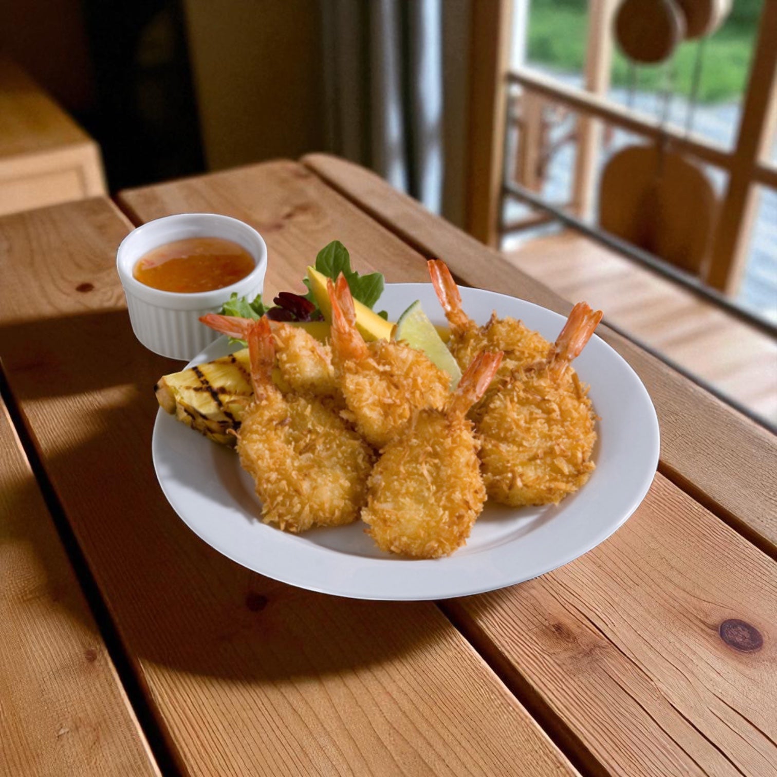 A white plate featuring Sysco Shrimp Breaded Coconut Butterfly (3 lb, 4 count) is served with grilled pineapple, greens, and dipping sauce on a wooden table by the window.