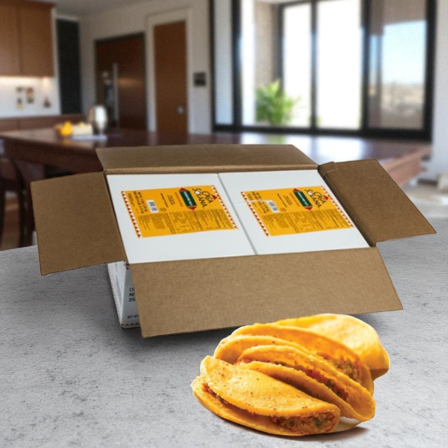 A 4-pound case of Easy Lunches Mini Chicken Taco Appetizers sits open on the kitchen counter, with several folded tacos displayed in front.