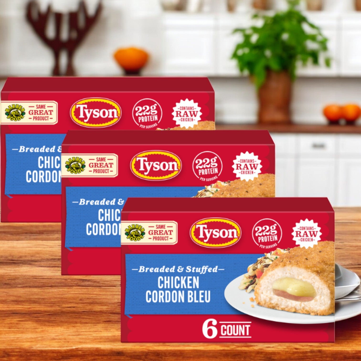 Tyson Breaded Boneless Raw Stuffed Chicken Breasts with Rib Meat Cordon Bleu, Frozen, 6 oz. 3 Count