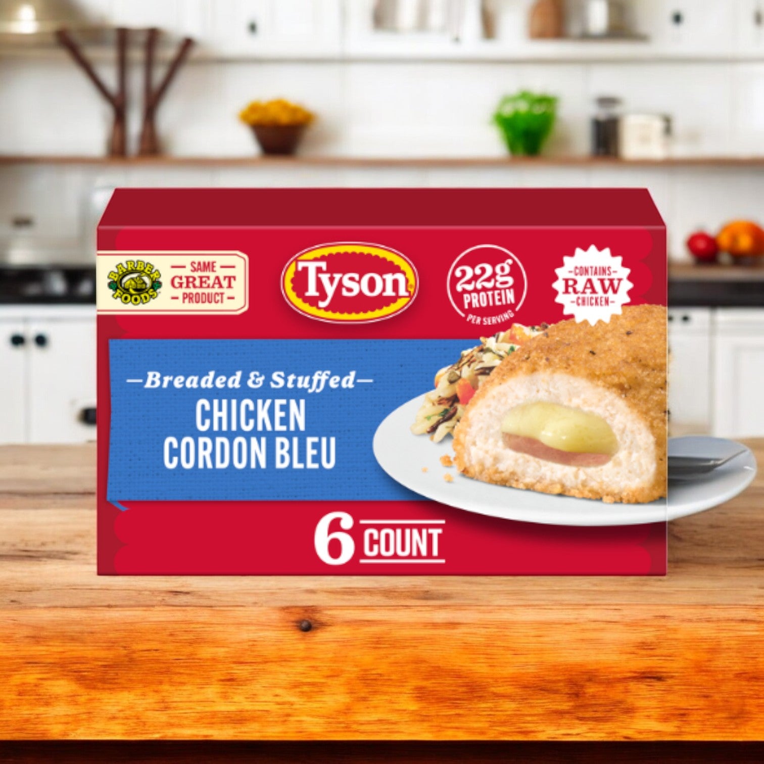 Tyson Breaded Boneless Raw Stuffed Chicken Breasts with Rib Meat Cordon Bleu, Frozen, 6 oz