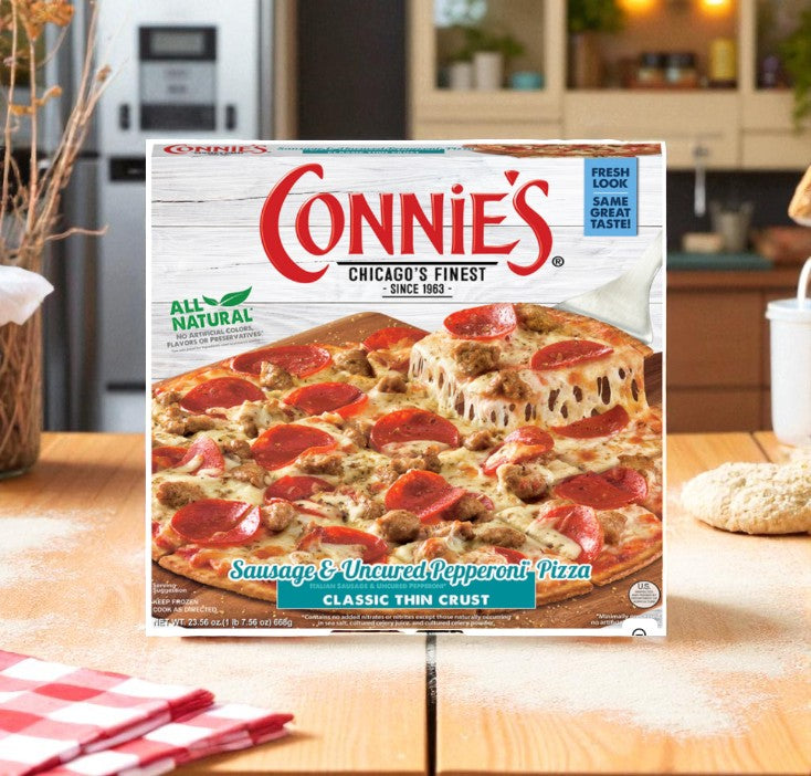 Connie's Pizza Pizza, Sausage & Uncured Pepperoni, Classic Thin Crust-23.56 Oz- 1 Case