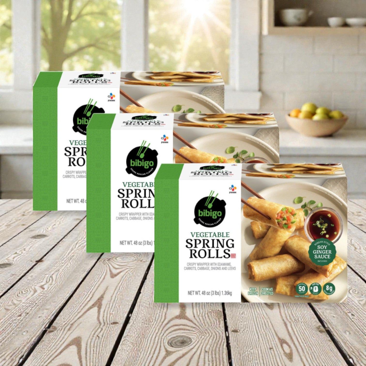 Bibigo Vegetable Spring Rolls with Soy Ginger Sauce, 48 oz- 3 Cases