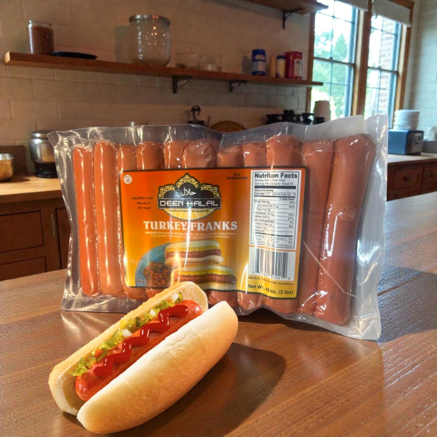 A 48 oz (3 lbs), 24 count pack of Deen Halal Turkey Franks sits on a kitchen counter, with a hot dog in front topped with ketchup, mustard, and relish.