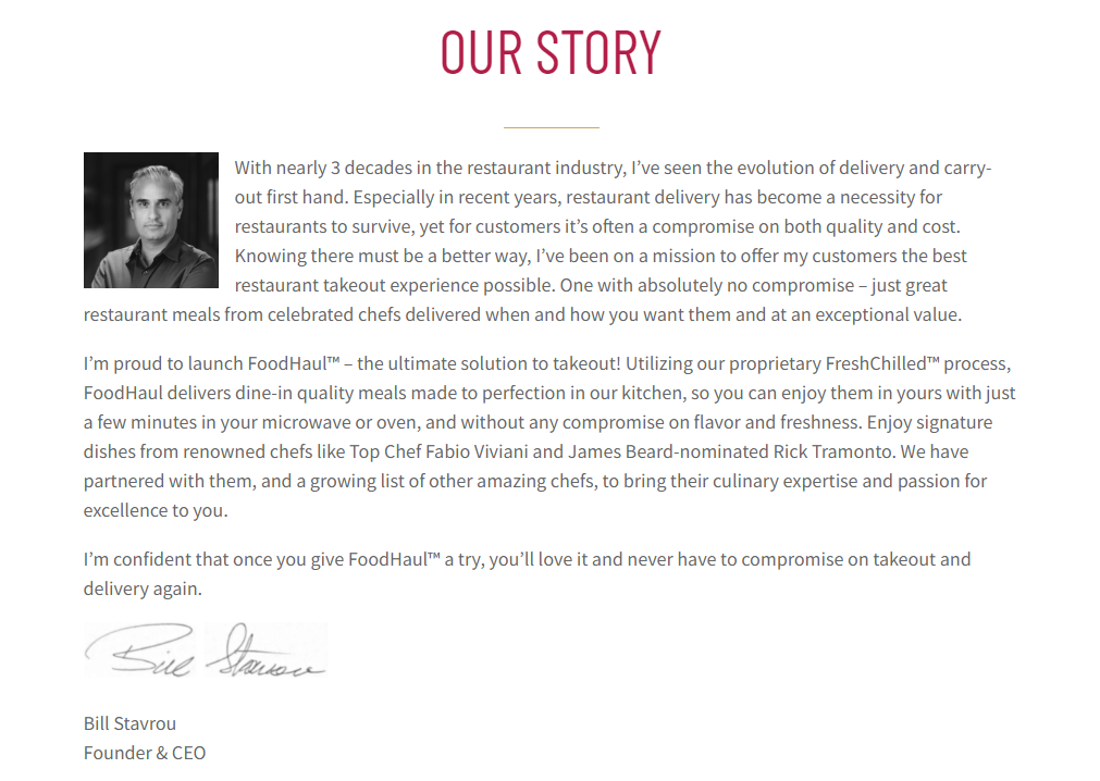 Image of a "Our Story" webpage detailing the mission of Food Haul™, led by Bill Stavrou, to provide top-quality, fresh restaurant meals for delivery and takeout using their proprietary process, featuring the popular FoodHaul Wagyu Beef Meatloaf.