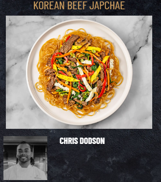 A plate of Food Haul's Korean Flank Steak with noodles, vegetables, and beef. Text above the dish reads "Korean Flank Steak." Below is a photo of a person labeled "Chris Dodson.