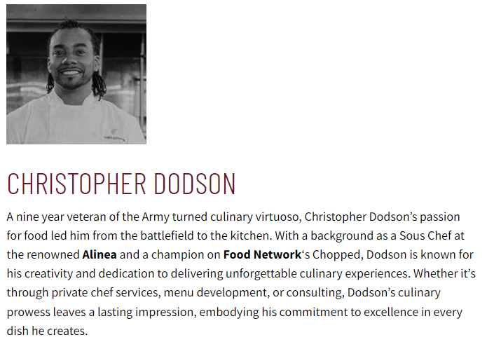 A man, identified as Christopher Dodson, is smiling in a professional chef's uniform with a biographical text highlighting his transformation from a nine-year Army veteran to a renowned culinary professional, now showcasing the "Korean Flank Steak" from Food Haul.