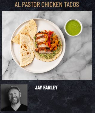 A plate featuring FoodHaul Al Pastor Chicken Tacos by Food Haul, garnished with red bell peppers and served alongside guacamole, soft tortillas, and green salsa. A photo of a person named Jay Farley is displayed below.