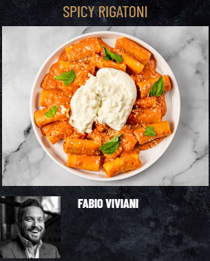 A plate of FoodHaul Spicy Rigatoni, topped with burrata and garnished with basil leaves, is shown. Below the dish is an image of a person labeled "Fabio Viviani.