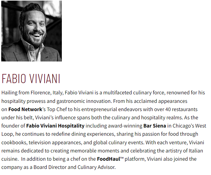 Portrait of Fabio Viviani with descriptive text detailing his culinary career, featuring his contribution to Food Haul's Roasted Half Brick Chicken, including TV appearances, restaurant ventures, and roles in hospitality and culinary advisory.