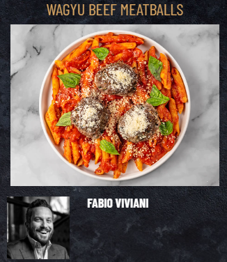 A plate of Wagyu Penne With Meatballs 16 oz Entree by FoodHaul features succulent wagyu beef meatballs atop penne pasta with tomato sauce, garnished with basil leaves and grated cheese. Below, a small black and white image of a man labeled "Fabio Viviani.