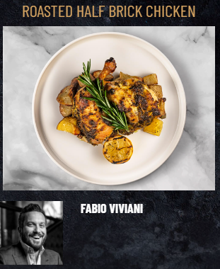 A plate of Food Haul's Roasted Half Brick Chicken, garnished with rosemary and accompanied by roasted vegetables, with an image of a man labeled "Fabio Viviani" at the bottom.