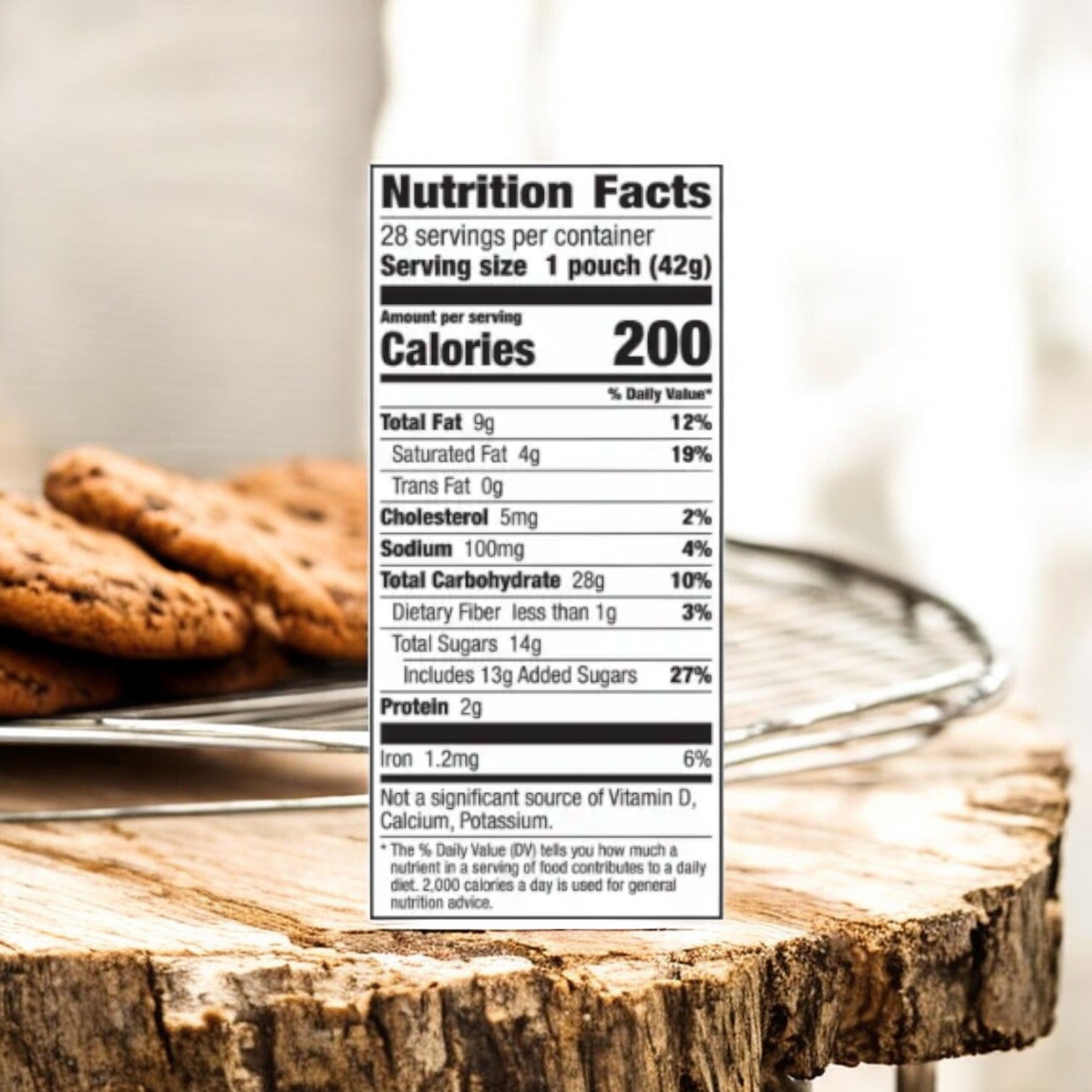 Close-up of a nutrition facts label with Pillsbury Soft Baked Mini Chocolate Chips in the background. The label highlights information such as 200 calories per serving, 9g of total fat, and 28g of total carbohydrates. Enjoy the delightful taste of Pillsbury treats while staying informed on your nutrition!