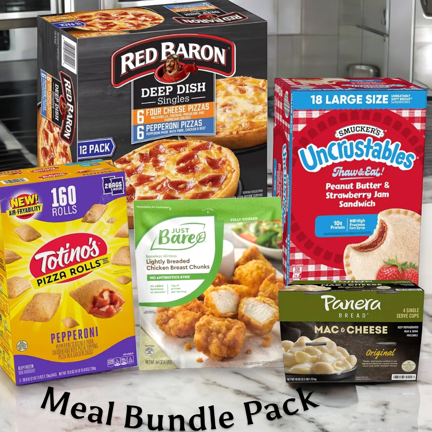 An array of packaged foods displayed on a kitchen counter, including 12 Red Baron Pizzas, 160 Totino's snack rolls, 5lbs of Just Bare Chicken Chunks, 18 Uncrustables sandwiches, and 4 Cups of Panera Mac and Cheese, labeled "Easy Lunches Meal Bundle Pack - Free Delivery!