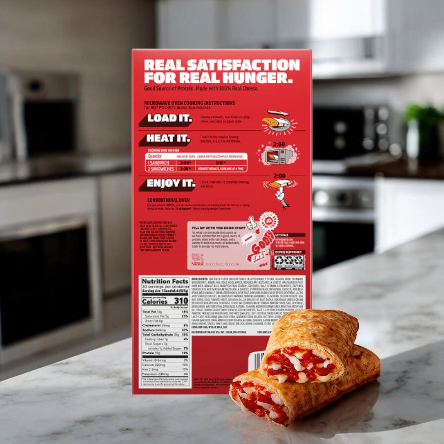 A package of frozen Hot Pockets sits on a kitchen counter, showing preparation instructions and nutritional information. A few cooked pockets are displayed in the foreground, making it an ideal addition to the Awesome College Meal Care Package!!! This package includes 18 White Castle Cheese Sliders, 60 Taquitos, 20 Hot Pockets, and 12 Red Baron Deep Dish Singles Pizzas—110 items in total—perfect for quick meals and favorite snacks.