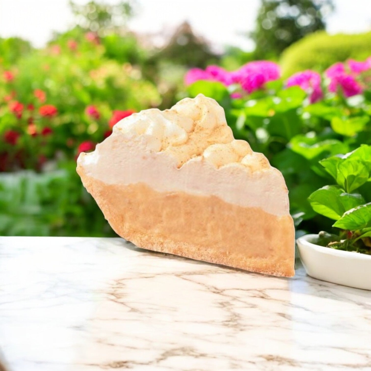 A slice of Chef Pierre Banana Crème de la Cream Pie rests on a marble table, framed by lush greenery and pink flowers in the background. The creamy banana filling enhances this 10-inch frozen dessert's delightful twist.