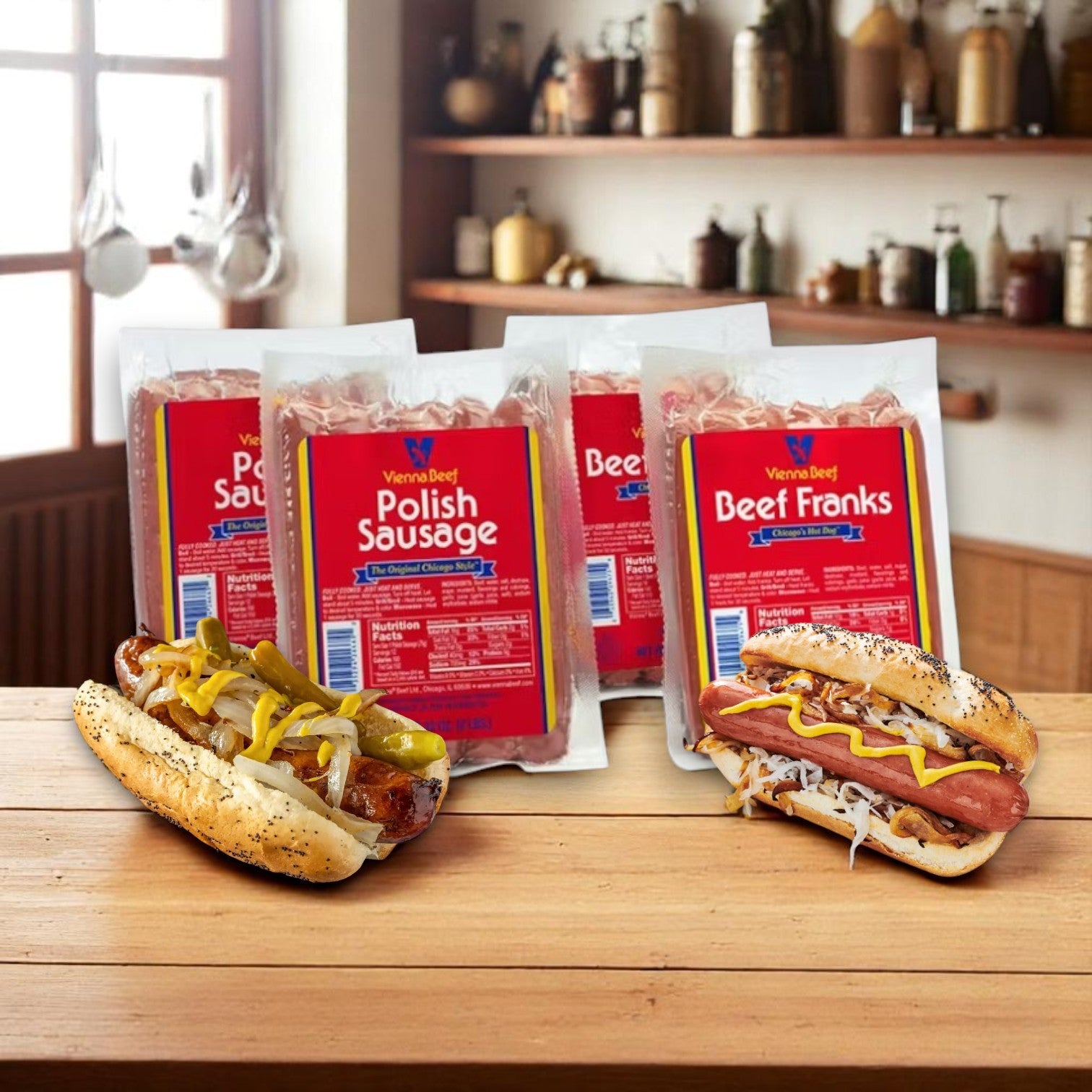 Vienna Beef Hot Dog & Polish Sausage Combo – 32 Hot Dogs and 24 Polish Sausages are displayed on a counter, with two tasty hot dogs in the foreground, creating a warm kitchen vibe.