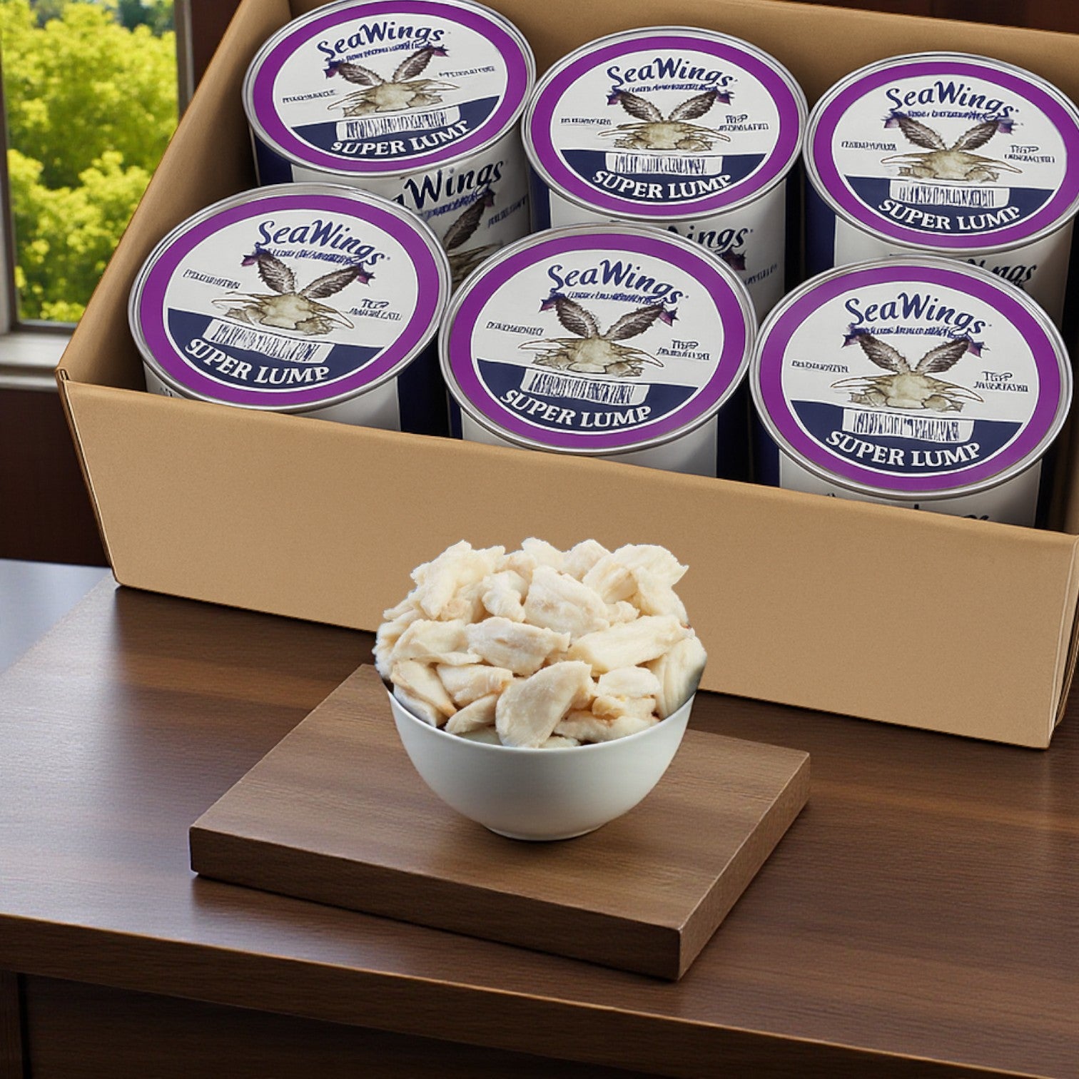 A bowl of premium crab meat sits on a wooden surface in front of a case of Phillips Foods Sea Wings Pasteurized Super Lump Crab Meat, featuring six 1 lb cans.
