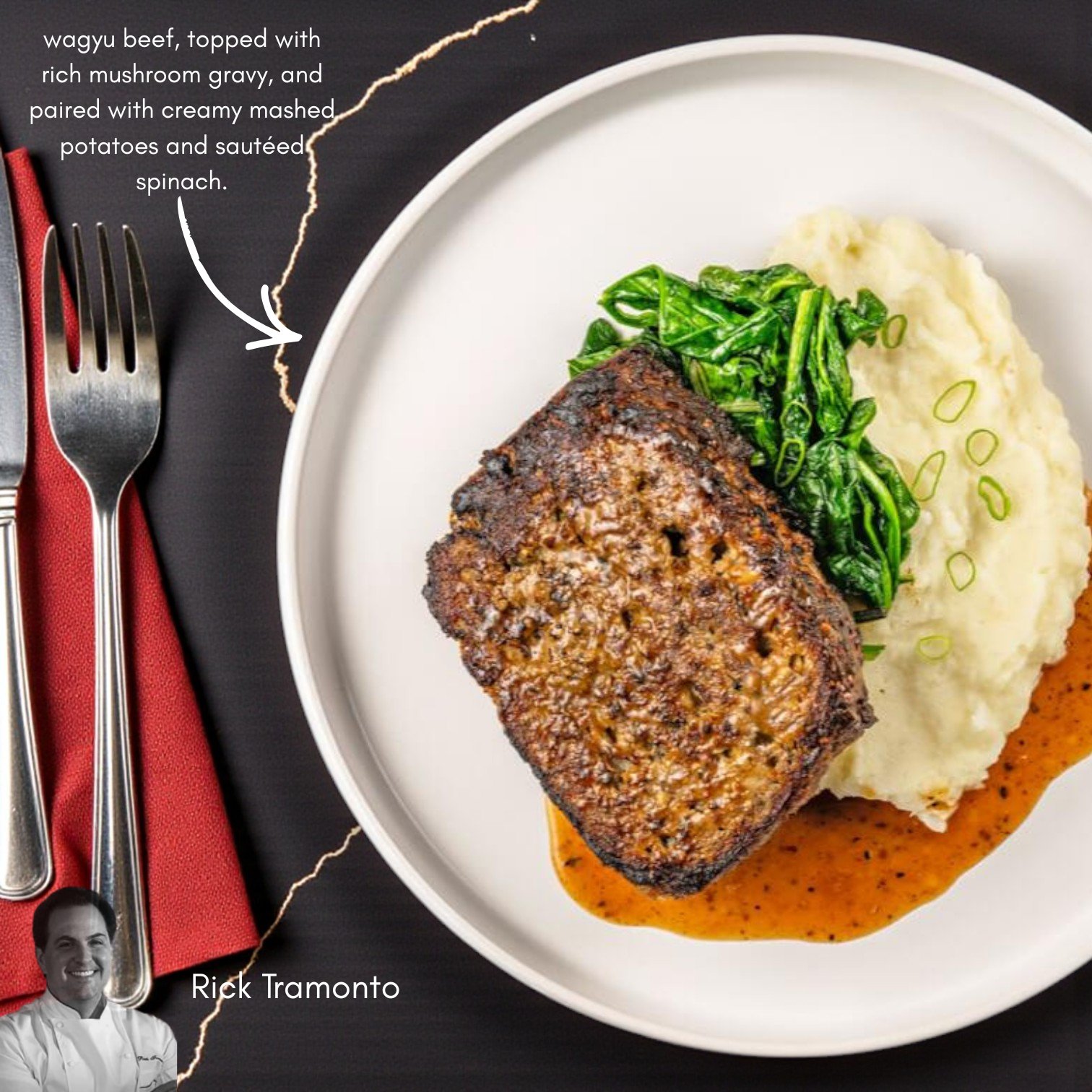 Enjoy restaurant-quality dining at home with FoodHaul's Chef’s Signature Entrée Combo—4 gourmet frozen meals featuring wagyu beef steak, mushroom gravy, mashed potatoes, spinach, and green onions. Silverware not included.