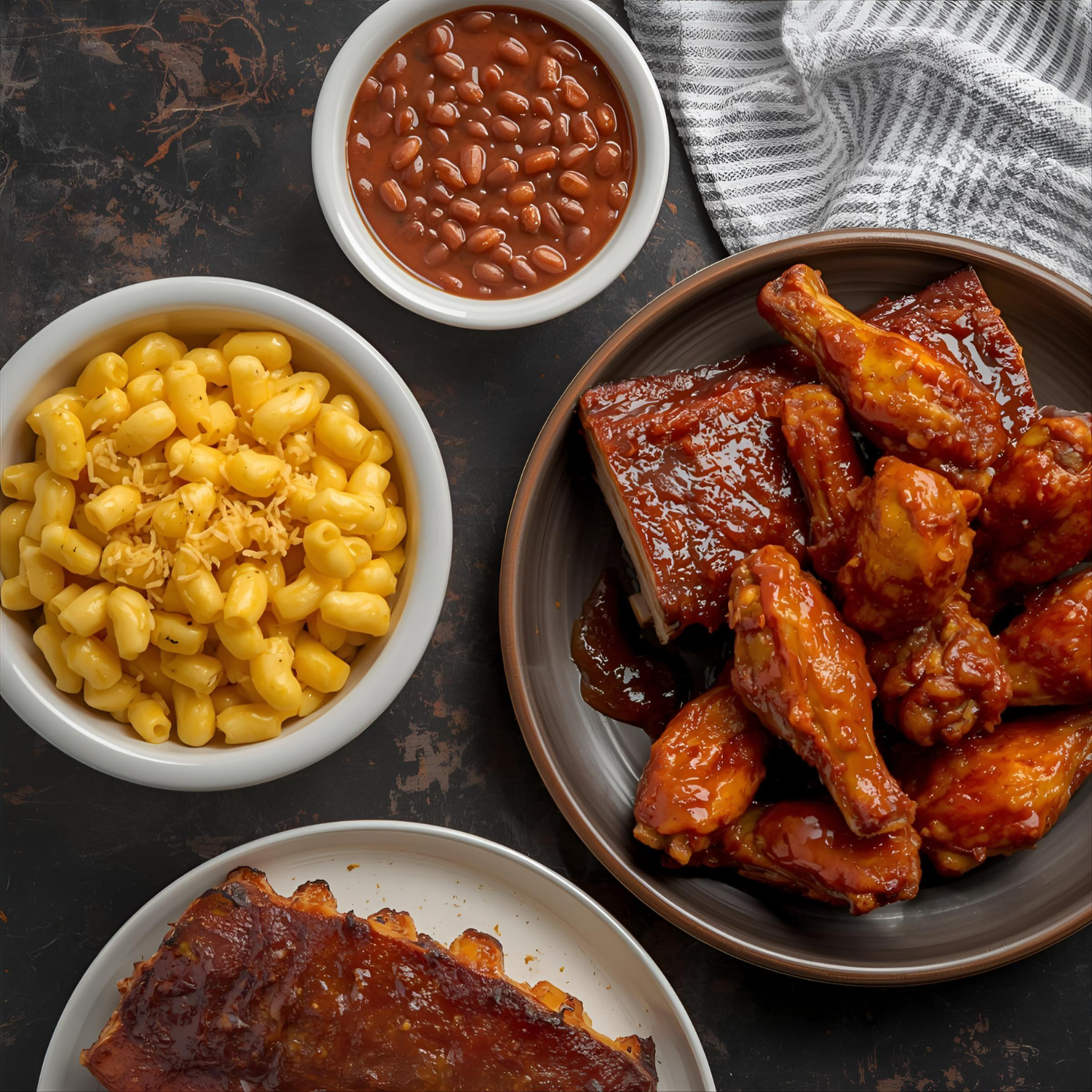 The TJ Ribs - Ribs & Wings Dinner (Serves 8) by TJ Ribs features glazed wings and BBQ ribs, with sides of baked beans and macaroni & cheese, perfect for sharing.