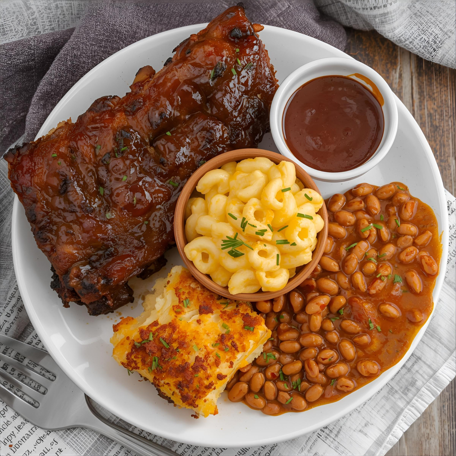 Enjoy the TJ Ribs - Ribs Dinner (Serves 4) by TJ Ribs, featuring tender ribs, creamy mac and cheese, baked beans, cornbread, and a small cup of BBQ sauce.