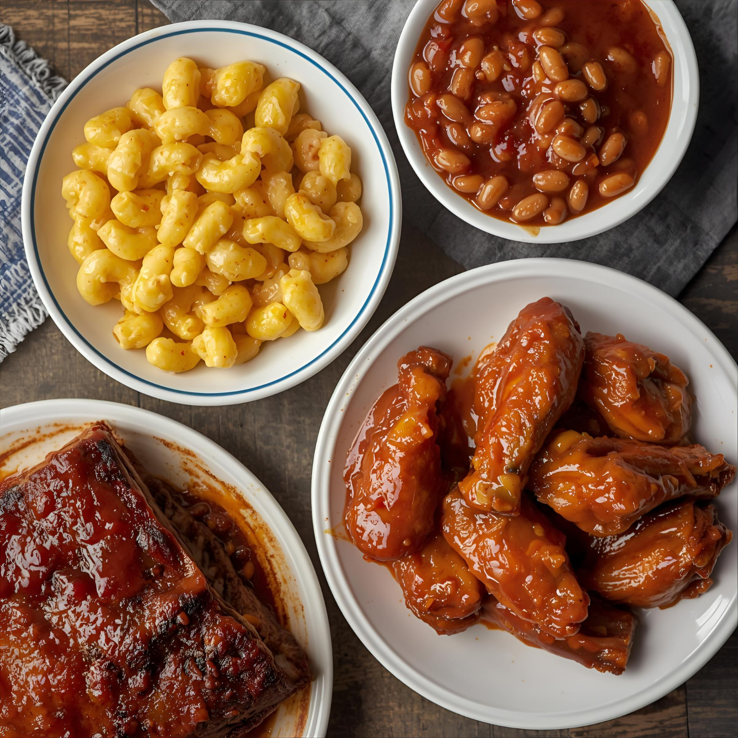 The TJ Ribs - Ribs & Wings Dinner (Serves 4) by TJ Ribs features macaroni and cheese, baked beans, barbecue chicken wings, and smoked baby back ribs, served in four white bowls on a wooden table.