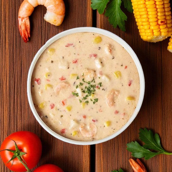 Enjoy Easy Lunches Blount Frozen Shrimp & Corn Chowder—creamy, coastal-style chowder with shrimp and corn. Each pack (2 packs, 4 lbs each) is ready to heat and serve for a restaurant-quality meal anytime.