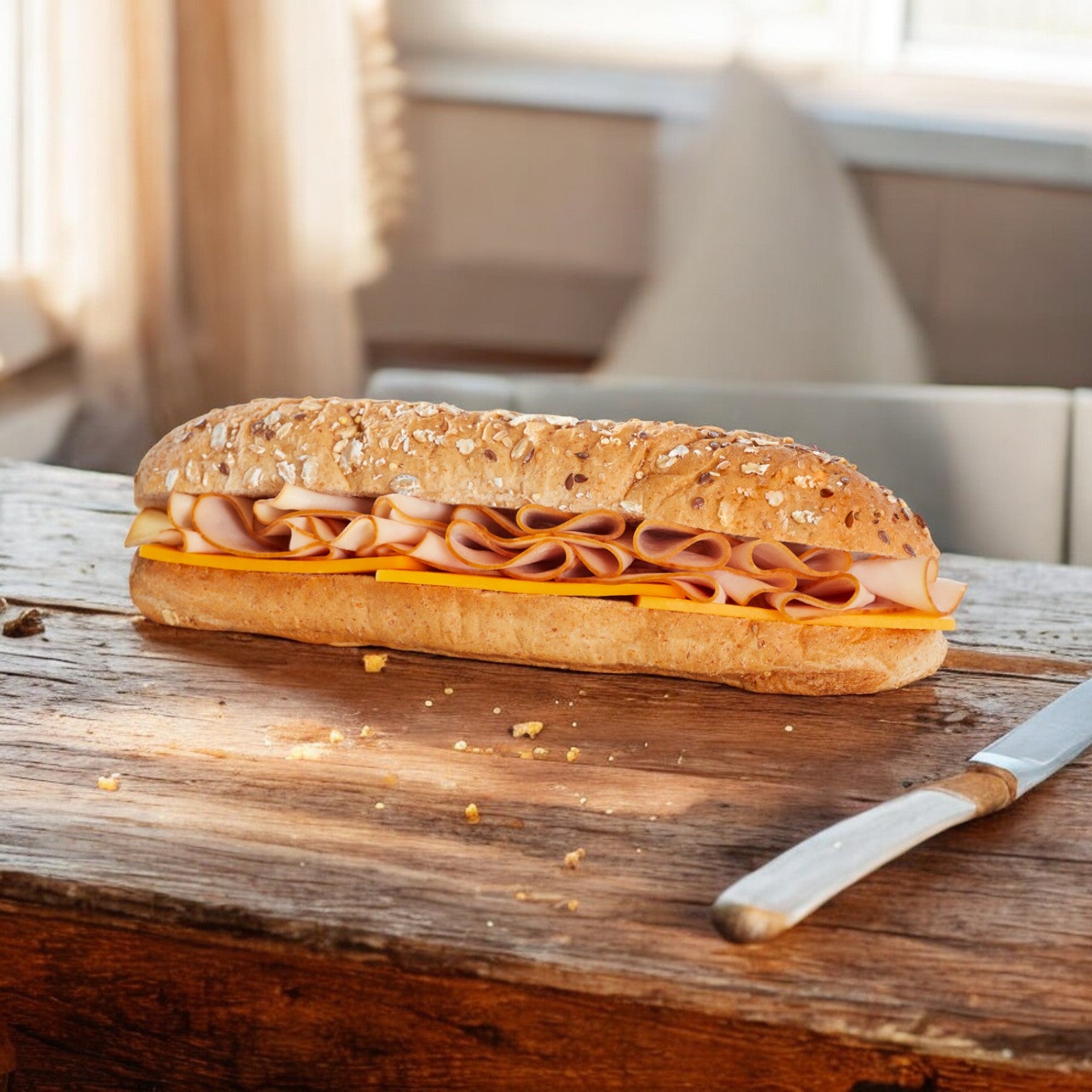 A Smoked Turkey & Cheddar Sub Sandwich from Easy Lunches sits on a wooden table next to a knife.