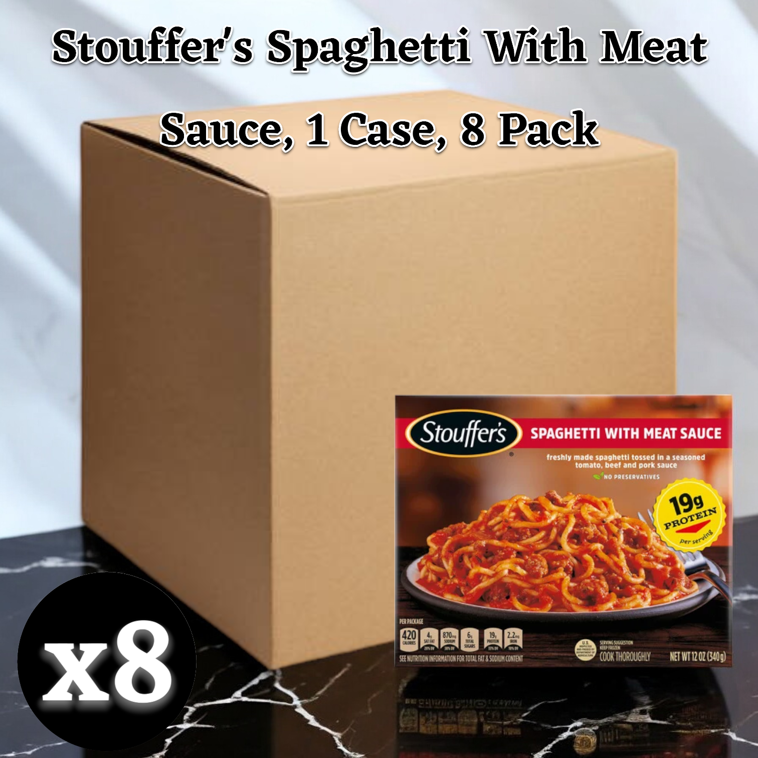 A cardboard box labeled "x8" sits next to a package of Stouffer's Classics Spaghetti with Meat Sauce. The image text reads: "Stouffer's Classics Spaghetti With Meat Sauce, 12 oz. - 8 Count." A perfect quick and easy meal for any occasion.