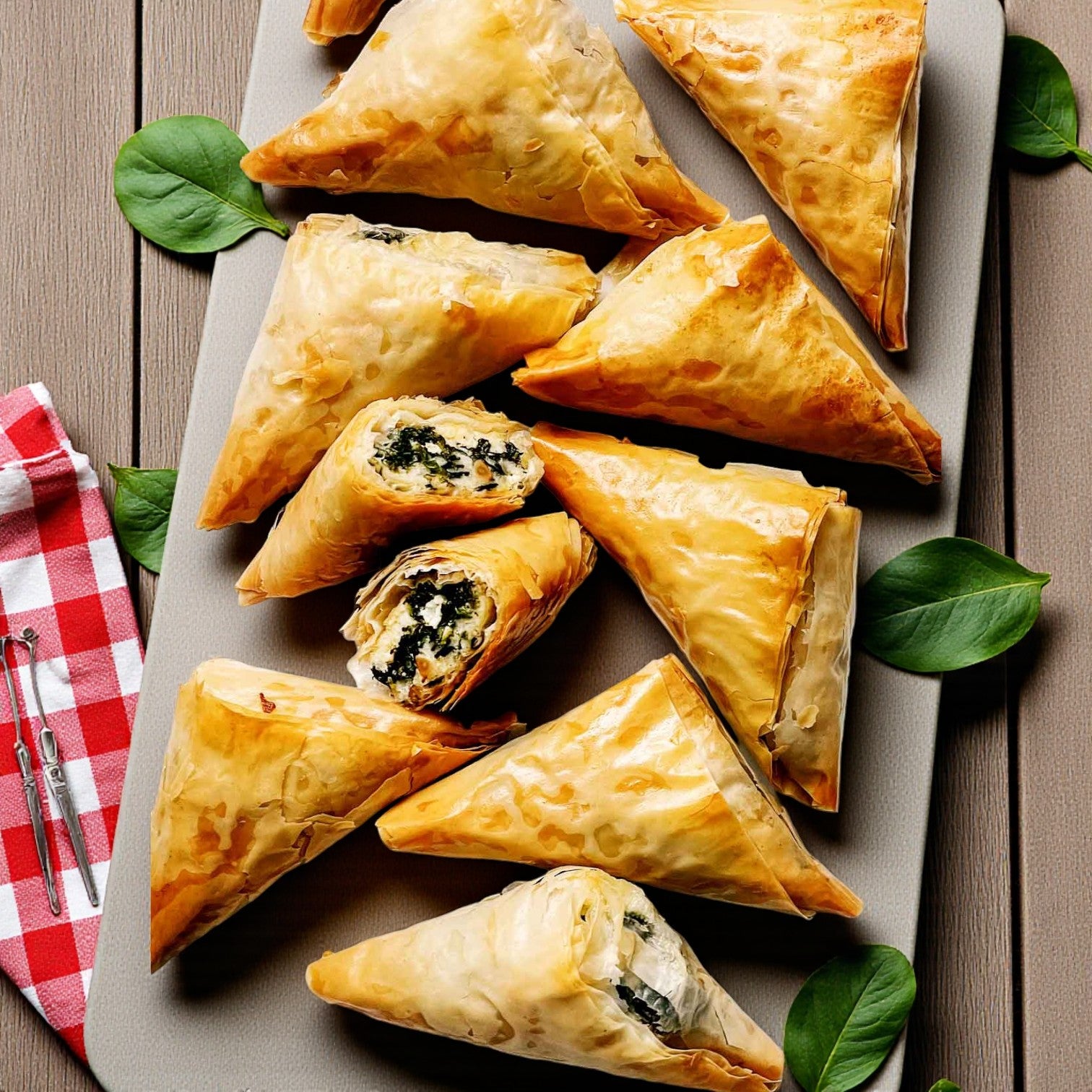 A tray of Easy Lunches Kontos Spanakopita – 12 Count, classic Greek appetizers with spinach and feta, sits on a wooden surface, surrounded by fresh spinach leaves and a red checkered napkin.