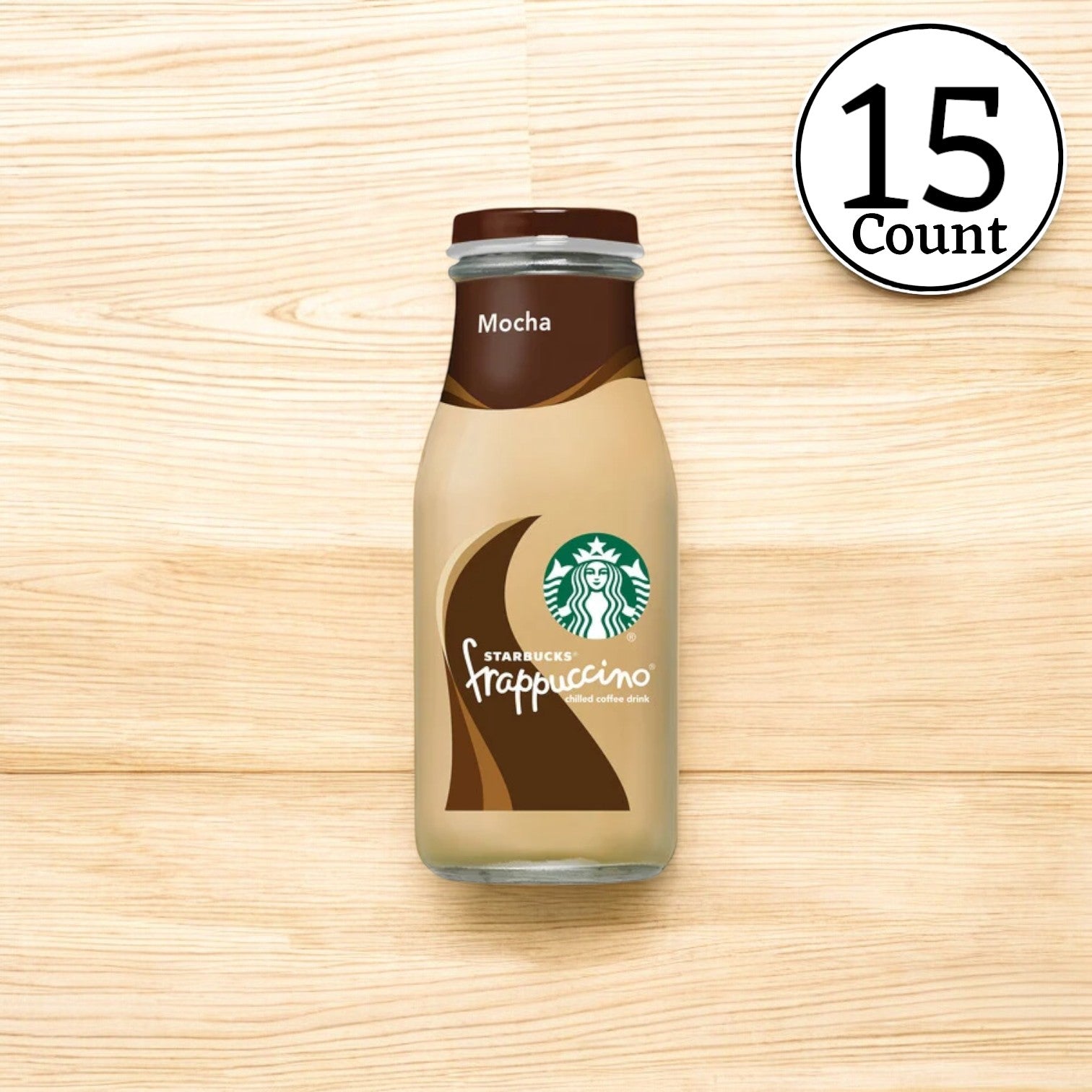 A single bottle of Starbucks Frappuccino Mocha Chilled Coffee (9.5 fl oz.) stands upright on a wood surface, highlighting its ready-to-drink convenience. A "15 Count" label is in the top right corner.