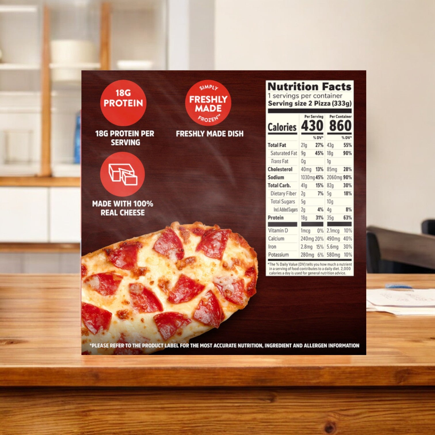 On the table sits a Stouffer's Pepperoni French Bread Frozen Pizza from a set of 5 boxes, offering crispy French bread and 18g of protein with 100% real cheese. This frozen pizza accentuates its nutrition facts, making it a delicious and satisfying meal choice.