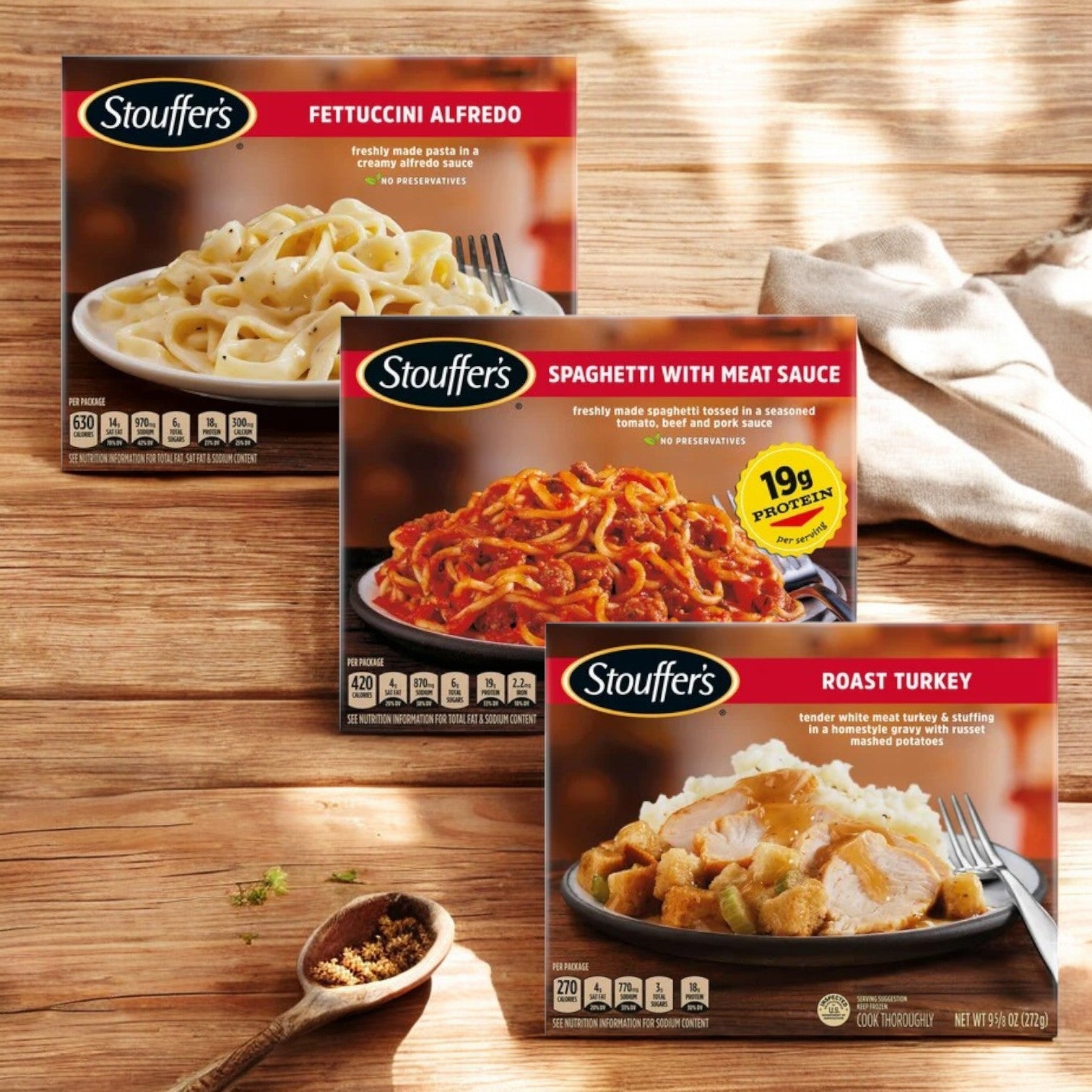 Stouffer's Bundle! 1 -Stouffer's Classics Spaghetti With Meat Sauce, 1- Stouffer's Roast Turkey, 1- Stouffer's Classics Fettuccini Alfredo - 3 Total!