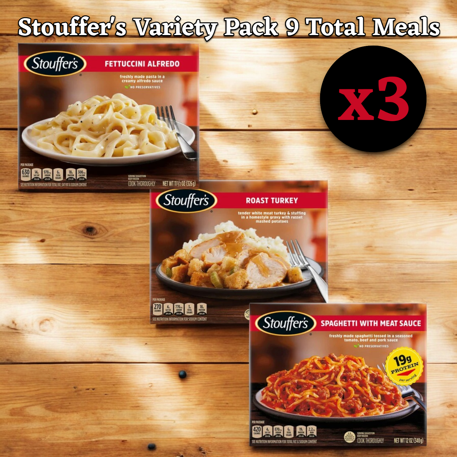 Stouffer's Bundle! includes nine comforting meals across three frozen entrees: 3 Stouffer's Classics Spaghetti with Meat Sauce, 3 Stouffer's Roast Turkey, and 3 Stouffer's Classics Fettuccini Alfredo. Enjoy convenient meal options with the Stouffer's Variety Pack.