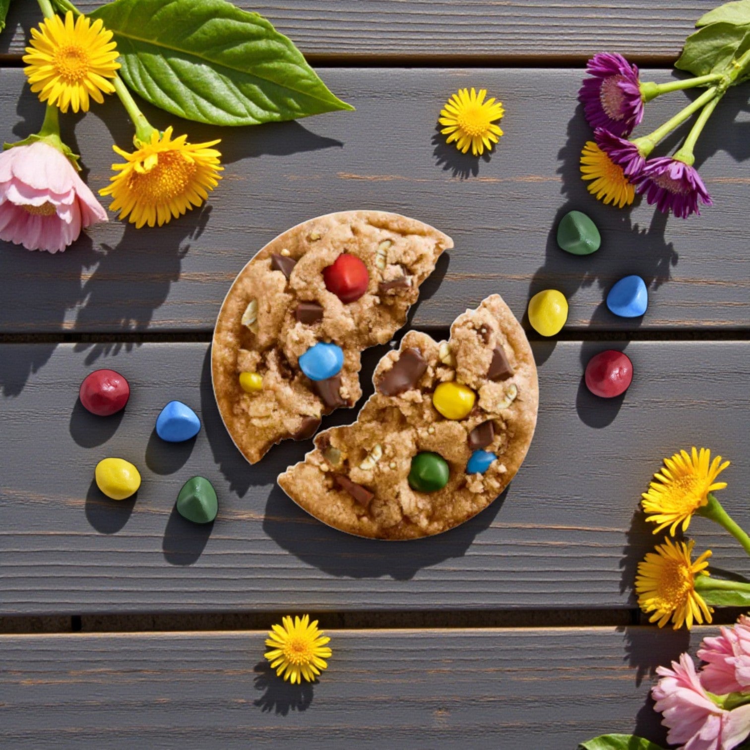 A broken Sweet Loren's Monster Cookie made from gluten-free dough with colorful candy pieces sits on a gray wooden surface, surrounded by assorted flowers and loose candy. Product: Sweet Loren's Monster Cookie Dough – 9.6 oz.