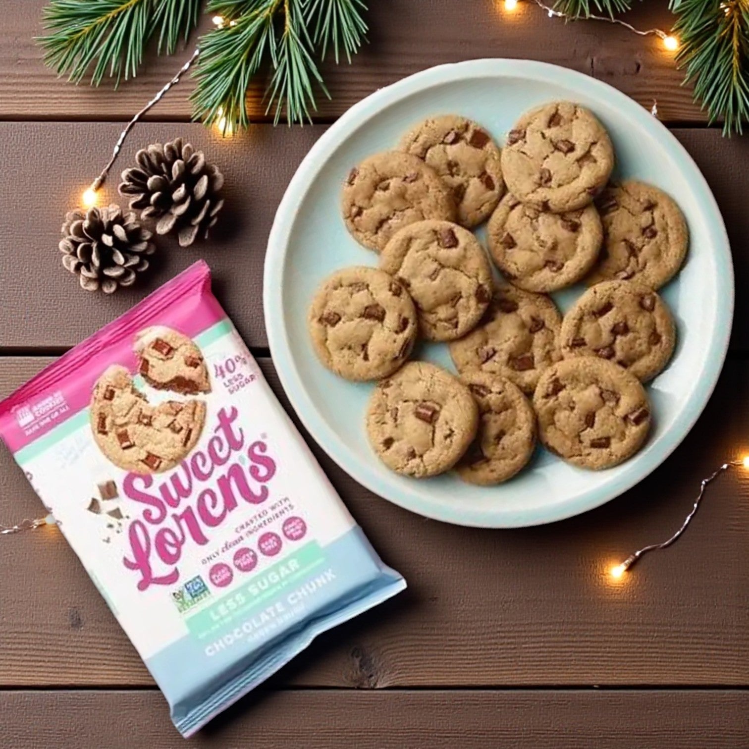 A plate of chocolate chunk cookies made with Sweet Loren's Chocolate Chunk Cookie Dough – 12 oz (Gluten-Free & Vegan) sits beside the package on a wooden table decorated with pinecones and string lights.