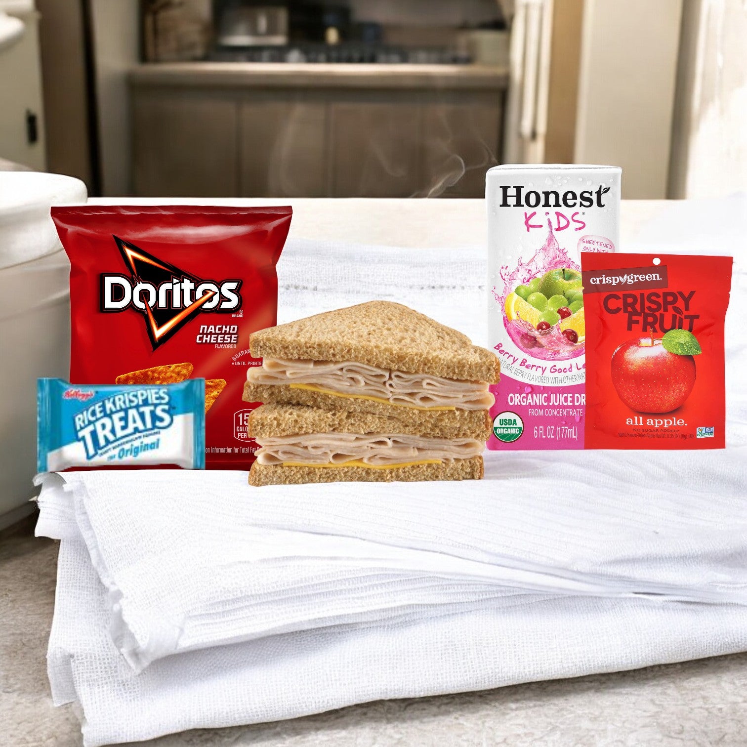 An Easy Lunches Turkey Sandwich Lunch pack includes a turkey sandwich, an Honest Kid's Berry Lemonade juice box, a bag of Doritos cheese chips, Crispy Fruit All Apple, and a Rice Krispies Treat – all packed together for a convenient and nutritious meal.