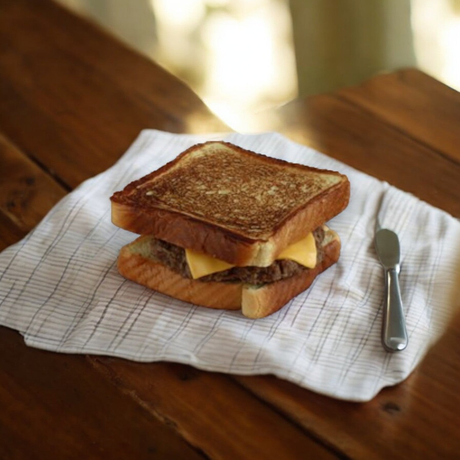 An Easy Lunches Cheeseburger on Texas Toast, served on a white dish towel beside a butter knife on a wooden table.