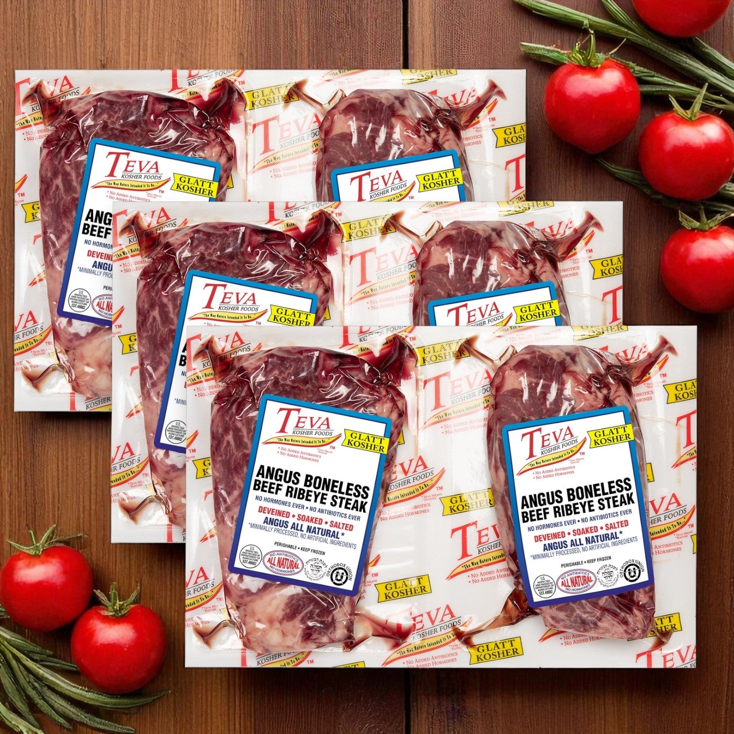 Teva Glatt Kosher Angus Boneless Ribeye Steak – 2-Count Pack (3 Total Packs)